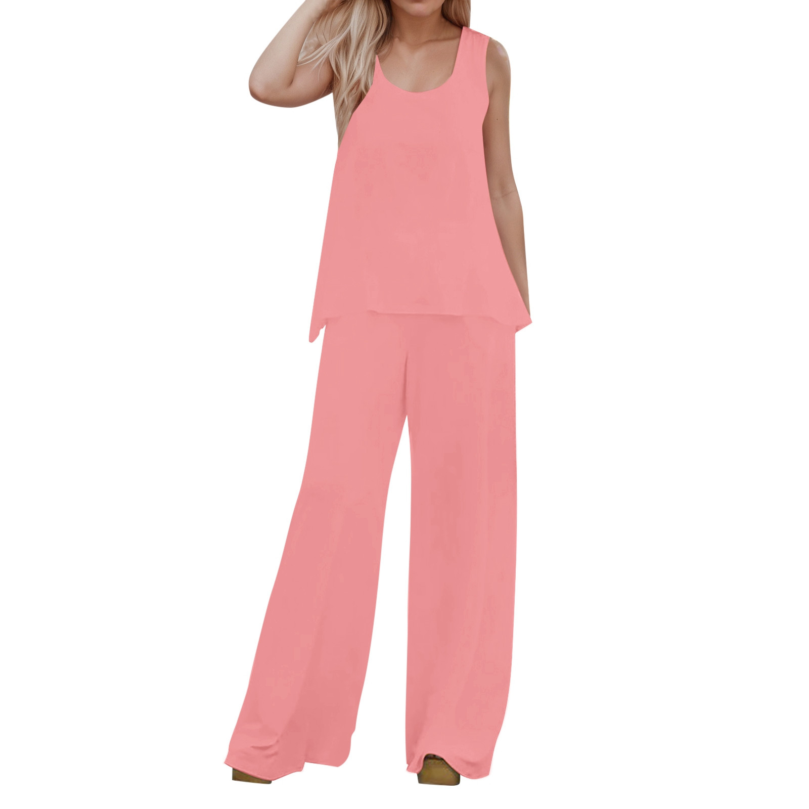 Conjunto de 2 piezas para mujer: chaleco sin mangas y pantalones anchos, estilo boho informal, color liso, mezcla de poliéster y spandex